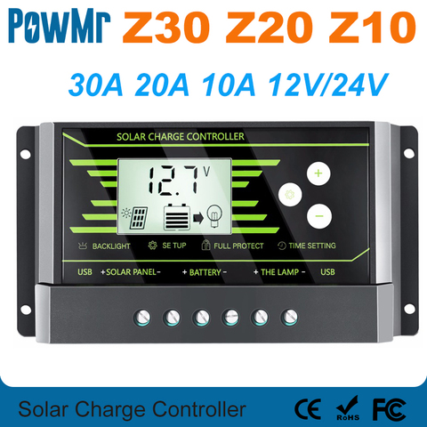 PWM 10A 20A 30A Солнечный контроллер 12В 24В авто подсветка LCD Солнечная Панель зарядное устройство с двойным USB 5 в Z серии солнечный регулятор новейший ► Фото 1/6