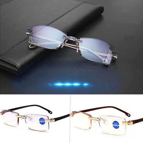 Женские очки для чтения Blue Ray Dimond, очки без оправы, мужские очки с защитой от дальнозоркости, диоптрий + 100 + 150 + 200 + 250 + 300 ► Фото 1/6