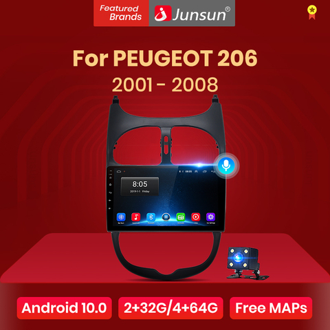 (код черной пятницы: BFRIDAY1000 12000₽-1000₽) Junsun V1 pro 2G + 128G Android 10 для PEUGEOT 206 2001 - 2008 автомобильный Радио Мультимедиа Видео плеер навигация GPS 2 din dvd ► Фото 1/6