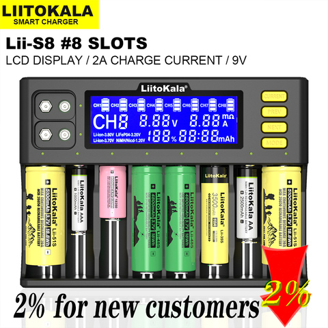 LiitoKala Lii-S8 зарядное устройство Li-ion 3,7 V NiMH 1,2 V Li-FePO4 3,2 V IMR 3,8 V зарядное устройство для 18650 26650 21700 26700 AA AAA ► Фото 1/6