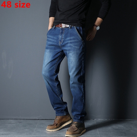 Осенне-зимние модели, эластичные мужские джинсы с карманами на молнии, прямые повседневные черные брюки больших размеров XL, 48 ярдов ► Фото 1/4