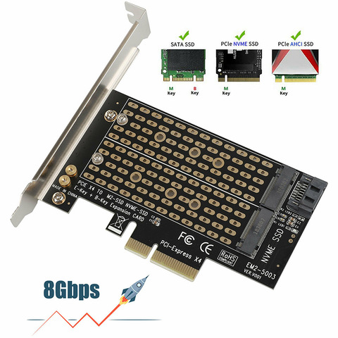 Плата расширения M.2 NGFF на компьютер PCIe X4 X8 X16 NVMe SATA Dual SSD PCI Express, адаптер с кронштейнами ► Фото 1/6