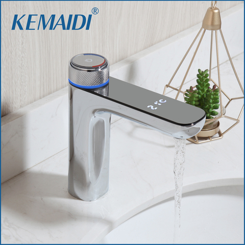 Смеситель для ванной комнаты KEMAIDI, хромированный светодиодный цифровой мощный латунный кран для раковины, смеситель для холодной и горячей воды с цифровым дисплеем, черный ► Фото 1/6
