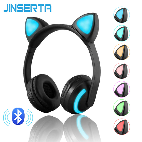 JINSERTA Bluetooth стерео наушники с кошачьими ушками мигающие светящиеся наушники с кошачьими ушками игровая гарнитура наушники 7 цветов светильн... ► Фото 1/6