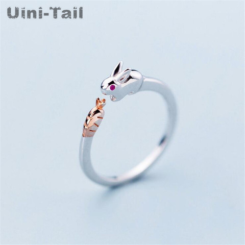 Открытое кольцо Uini-Tail, простой кролик с морковкой из стерлингового серебра 925 пробы, маленькое креативное кольцо, ED495, 2022 ► Фото 1/5