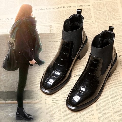 LYXLYH/женские ботинки; Блестящие кожаные ботинки на среднем каблуке с квадратным носком без застежки; Короткие ботильоны «Челси»; Обувь на ма... ► Фото 1/6