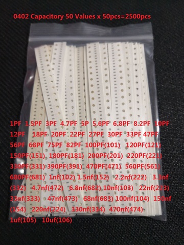 50 значений * 50 шт. = 2500 шт., набор керамических конденсаторов 0402 SMD, от 1 пФ до 10 мкФ, набор образцов керамических конденсаторов, разные 10 пФ 160 105 ... ► Фото 1/1