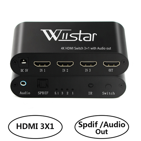 Wiistar HDMI переключатель 3x1 с оптическим, 3,5 мм аудио iutput ИК-пульт для Xbox one s/x PS4 pro Smart Светодиодный ТВ-бокс ► Фото 1/6