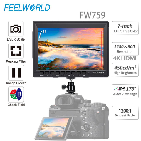 Feelworld 7 дюймов HD 1280x800 DSLR Камера 4K с полевым монитором HDMI AV Вход IPS Экран 1200:1 устойчивый Контрастность FW759 