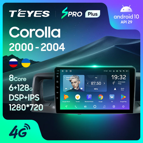 TEYES SPRO Plus Штатная магнитола For Тойота Королла 130 120 For Toyota Corolla E130 E120 2000 - 2004 Android 10, до 4 + 64ГБ 32EQ + DSP 2DIN автомагнитола 2 DIN DVD GPS мультимедиа автомобиля головное устройство ► Фото 1/6