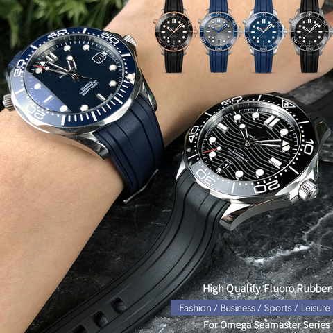 Ремешок силиконовый для часов Omega New Seamaster, 20 мм, 21 мм, 19 мм, 22 мм, мягкий ремешок черного и синего цвета, 300 ► Фото 1/6