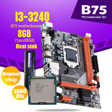 Комплект материнской платы Atermiter B75 с Intel Core I3 3240, 1x8 ГБ = 8 ГБ, 1600 МГц, память DDR3 для настольного компьютера, радиатор USB3.0 SATA3 ► Фото 1/6