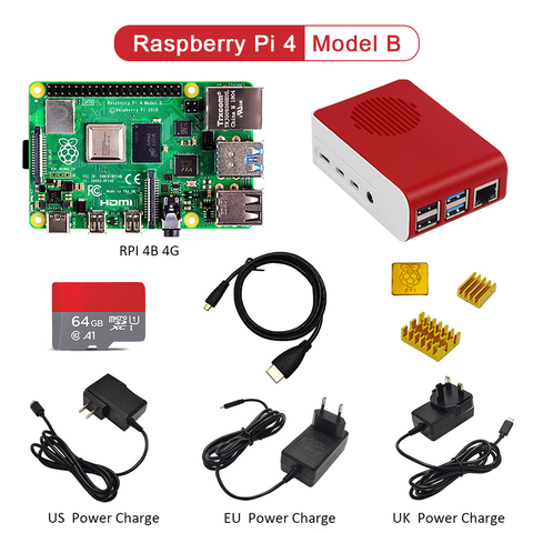 Оригинальный комплект Raspberry Pi4 Model B, 4 Гб ОЗУ + чехол с вентилятором + зарядное устройство Type-C 5 В/3 А, кабель HDMI + карта TF 32 ГБ + радиатор ► Фото 1/6