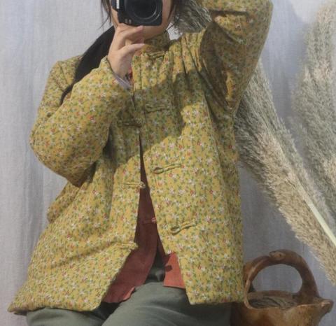 Женские парки из хлопка и льна, зима-весна 2022, однобортное теплое пальто с винтажным цветочным принтом и хлопковой подкладкой, женская верхняя одежда ► Фото 1/6