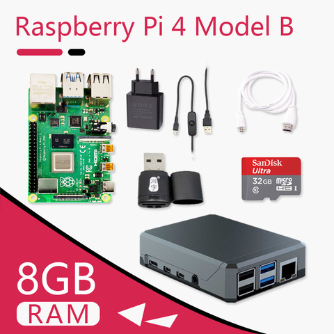 Оригинальный комплект Raspberry Pi 4 Model B 8G, плата Pi 4, Кабель Micro HDMI, источник питания с переключателем, чехол, с вентилятором, радиатором ► Фото 1/6