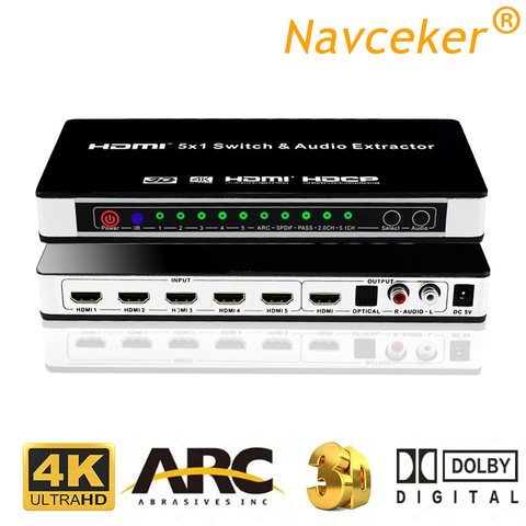 Переключатель Navceker 2022 4K 1,4 HDMI 5x1, переключатель HDMI, аудио экстрактор ARC и IR, 5 портов HDMI, переключатель с дистанционным управлением 4K для PS4, PS3, ... ► Фото 1/6