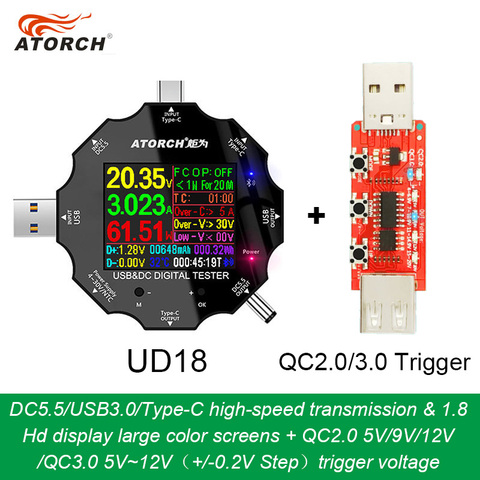 UD18 Для APP USB 3,0 Тип-C PD DC5.5 5521 Вольтметр Амперметр Напряжение измеритель тока, для батареи зарядки измерения Кабельный тестер сопротивления ► Фото 1/6