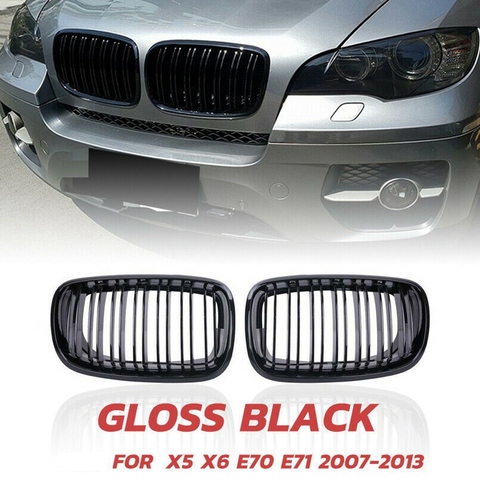 Гриль X5 X6, передняя решетка с двойной линией радиатора для 2007-2013-BMW X5 E70 X6 E71 (ABS глянцевый черный гриль, набор из 2 предметов) ► Фото 1/6