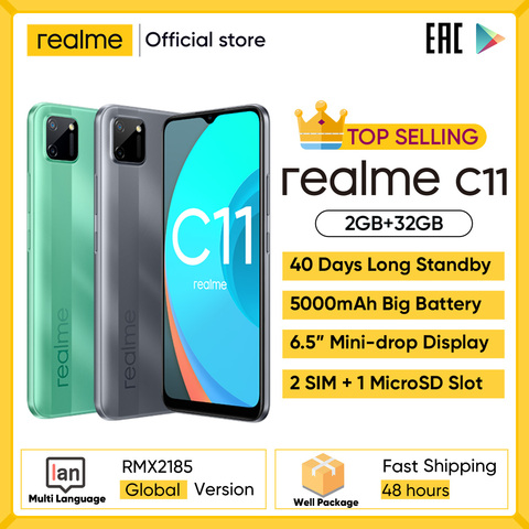 Realme C11 мобильных телефонов 6,5 дюймов 5000 мА/ч, большая Батарея 40 дней в режиме ожидания 3-карты Android смартфон 13MP Камера телефон ► Фото 1/6