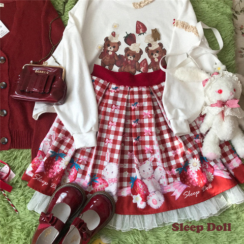 Kawaii, Клубничная мини-юбка в стиле Лолиты, Женская Милая Кружевная короткая юбка с кроликом, школьные вечерние юбки принцессы для девочек, пл... ► Фото 1/6