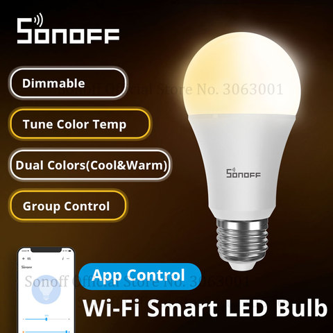 Интеллектуальный выключатель света SONOFF B02-B-A60 интеллектуальная Wifi лампа E27 затемнения светодиодный светильник с двумя Цвета холодный теплый приложение Дистанционное Управление, который управляется через Приложение IOS или Android для умного дома ► Фото 1/6