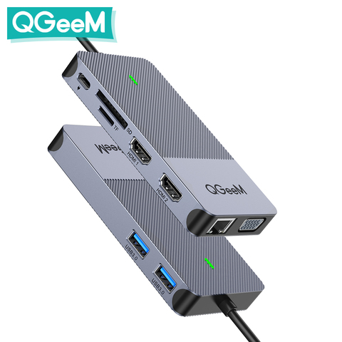 QGeeM USB Hub 3,0 док-станция тройной дисплей двойной HDMI VGA USB сплиттер адаптер для ноутбуков Xiaomi USB C хаб ПК Аксессуары ► Фото 1/6