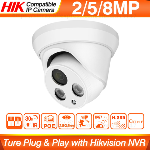 Hikvision совместимая 8MP купольная POE ip-камера для домашней безопасности CCTV камера Ultra 5MP HD IR 30m ONVIF H.265 P2P Plug & play Security IPC ► Фото 1/6