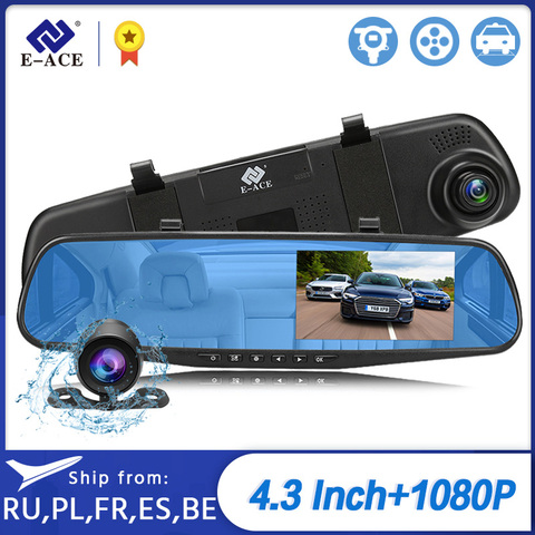 E-ACE Автомобильный видеорегистратор 1080 P с двумя объективами камеры черточки рекордер с камерой заднего вида и видеомагнитофоны синий видео... ► Фото 1/6