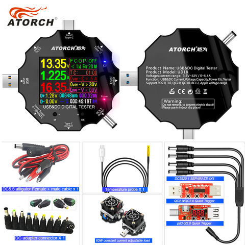 Цифровой USB-тестер DC5.5, USB 3,0, Type-C, 18 в 1, Вольтметр постоянного тока, Амперметр для внешнего аккумулятора, зарядного устройства, детектор QC/PD3.0 м... ► Фото 1/6