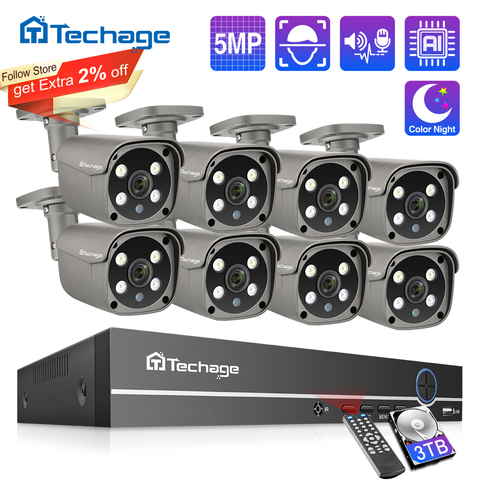 Techage 8CH 5MP HD POE NVR комплект CCTV система безопасности двухсторонняя аудио AI распознавание лица IP камера для наружного видеонаблюдения камера ко... ► Фото 1/6
