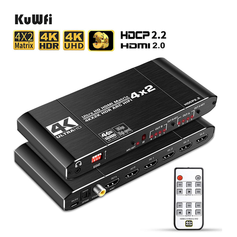 KuWFi HDMI2.0 матрица 4x2 4K60Hz переключатель сплиттер HDCP2.2 EDID 4K x 2K HDR ARC HIFI ► Фото 1/5