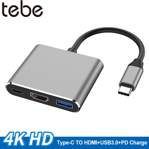 Головка-преобразователь tebe Type-C на HDMI 3 в 1, USB 3,0, 4K, HDMI, PD, быстрая зарядка, высокопроизводительный умный концентратор для MacBook ► Фото 1/6