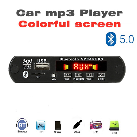 Автомобильный MP3-плеер 12 В с цветным Bluetooth, TF, USB, FM, Aux, встроенным автомобильным USB, Bluetooth, гарнитура громкой связи, MP3 декодер, плата, модуль, ауд... ► Фото 1/6