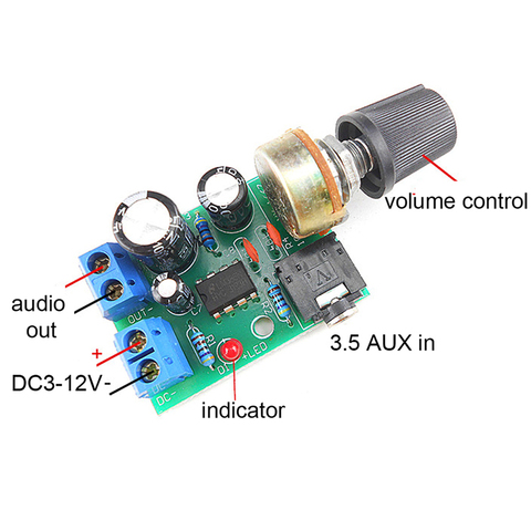 Плата аудио усилителя LM386 10 Вт 1 шт., моно 3,5 мм DC 3-12 В, регулятор громкости ► Фото 1/2