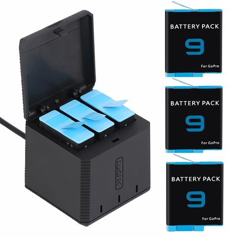 Перезаряжаемая литиевая батарея для GoPro 9 Hero9 + зарядное устройство с 3 слотами и светодиодным индикатором, умная зарядка, коробка для хранения для Go Pro Hero 9, черные аксессуары ► Фото 1/6