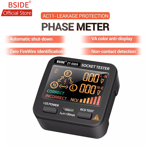 Тестер розетки BSIDE ZT-E8 2,5 дюйма, автоматический детектор напряжения, электрической цепи, с цветным экраном ► Фото 1/6