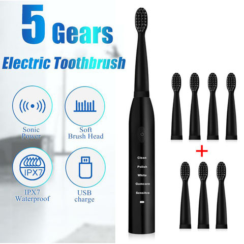 Электрическая зубная щетка, мощный ультразвуковой прибор для чистки зубов с зарядкой от USB, моющаяся, для отбеливания зубов ► Фото 1/6