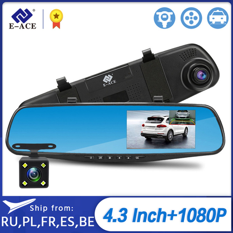 Автомобильный видеорегистратор E-ACE, регистратор Full HD 1080P 4,3 дюйма, цифровое видео на зеркале заднего вида, двойной объектив ► Фото 1/6