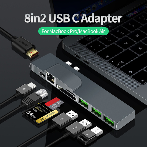 Новый двойной порт USB type-c концентратор для HDMI считывания карт PD зарядка USB3.0 док-конвертер ► Фото 1/6