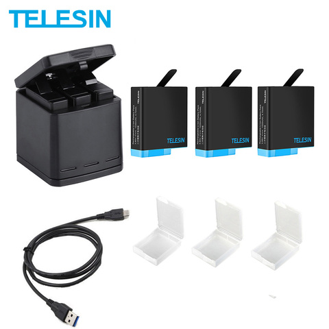 Зарядное устройство TELESIN со светодиодной подсветкой, 3 слота + 3 аккумулятора + кабель типа C для GoPro Hero 5 6 7 8, аксессуары для камеры ► Фото 1/6