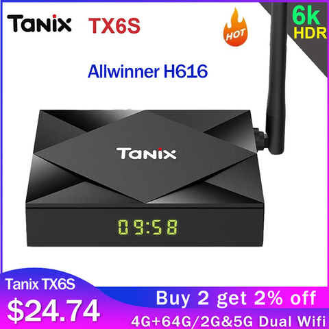 Горячая Распродажа Tanix TX6S Android 10,0 Смарт ТВ коробка Allwinner H616 4 ядра, 4 Гб оперативной памяти, 32 Гб встроенной памяти/64GB 2,4G 5G Wi-Fi 6K TX6 H.265 4 к Декодер каналов кабельного телевидения компьютерной приставки к телевизору 2 ГБ 8 ГБ ► Фото 1/6