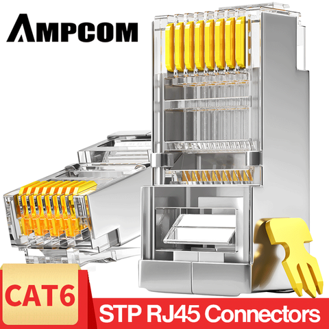 AMPCOM CAT6/CAT6A экранированный RJ45 модульный разъем 50μ позолоченный 8P8C RJ45 разъемы обжимной Конец Ethernet кабель ► Фото 1/6