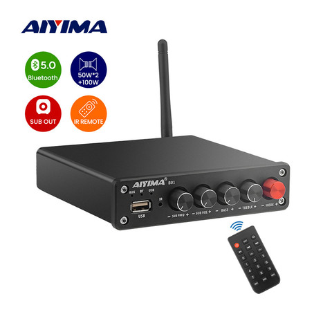AIYIMA Bluetooth 5,0 сабвуфер усилители Bluetooth TPA3116, стерео цифровой усилитель звука 2,1, аудио усилитель, USB плеер 50Wx2 + 100 Вт ► Фото 1/6