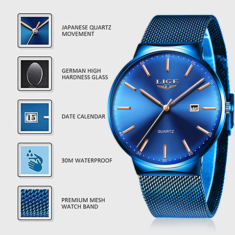 Мужские наручные часы LIGE, синие Кварцевые водонепроницаемые спортивные часы для мужчин, 2022 ► Фото 1/6