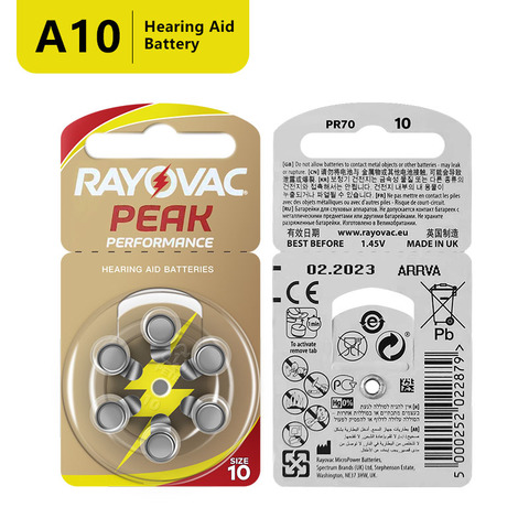 Батареи для слухового аппарата RAYOVAC PEAK 60 x A10 10A ZA10 10 S10, 60 шт., батарейки для слухового аппарата, Цинковый Air 10/A10 ► Фото 1/4