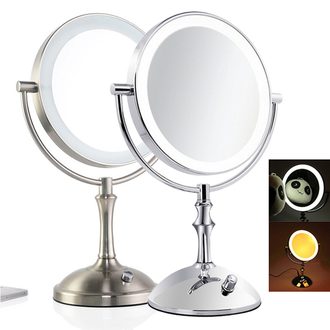 Настольное зеркало для макияжа 8 дюймов, металлическое зеркало с 2 лицами, 3x5x10x, светодиодная лампа с регулируемой яркостью ► Фото 1/6