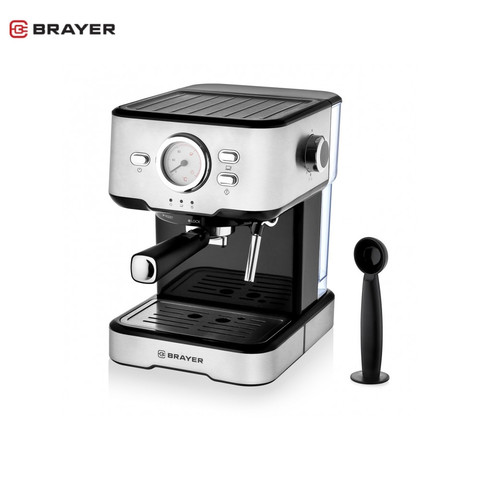 Кофеварка рожковая BRAYER BR1101 (мощность 1500 Вт, давление 20 бар, съемный резервуар 1,5 л, двойной фильтр) ► Фото 1/6