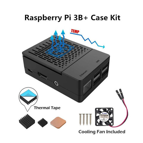 Многофункциональный защитный комплект для Raspberry Pi 3B + чехол с вентилятором, алюминиевые радиаторы, черная коробка, чехол для Raspberry Pi ► Фото 1/6