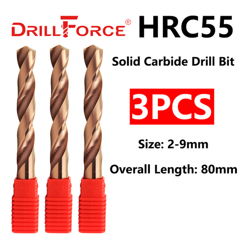 Набор твердосплавных сверл Drillforce, набор из 3 твердосплавных насадок, 2-9 мм x 80 мм OAL HRC55, спиральная канавка, для твердого сплава, из нержавеюще... ► Фото 1/5