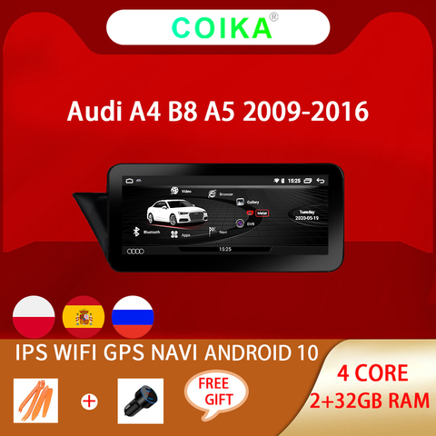 Автомобильный мультимедийный плеер COIKA, Android 10, 2 + 32 гб озу, wi-fi, Google BT, IPS, для Audi A4 B8 A5 2009-2017 ► Фото 1/6